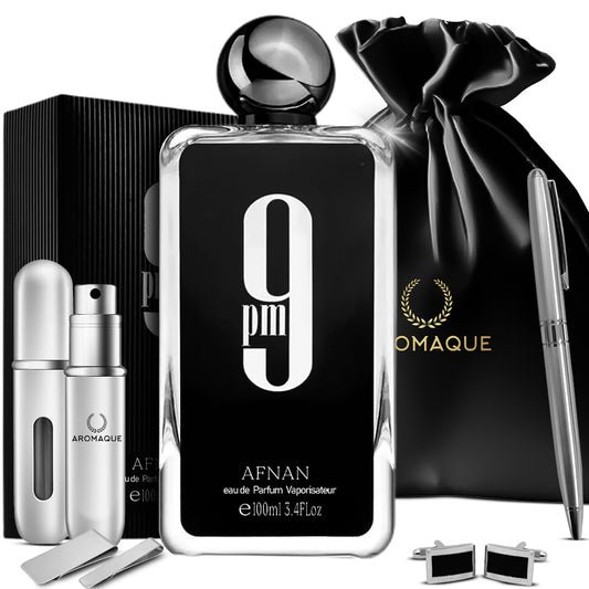 Men'S Luxe Cologne Gift Set : Afnan 9Pm Eau De Parfum with 1 Empty Refillable Perfume Bottle, Cufflink Set, Tie Pin Set and a Pen in Black Satin Bag