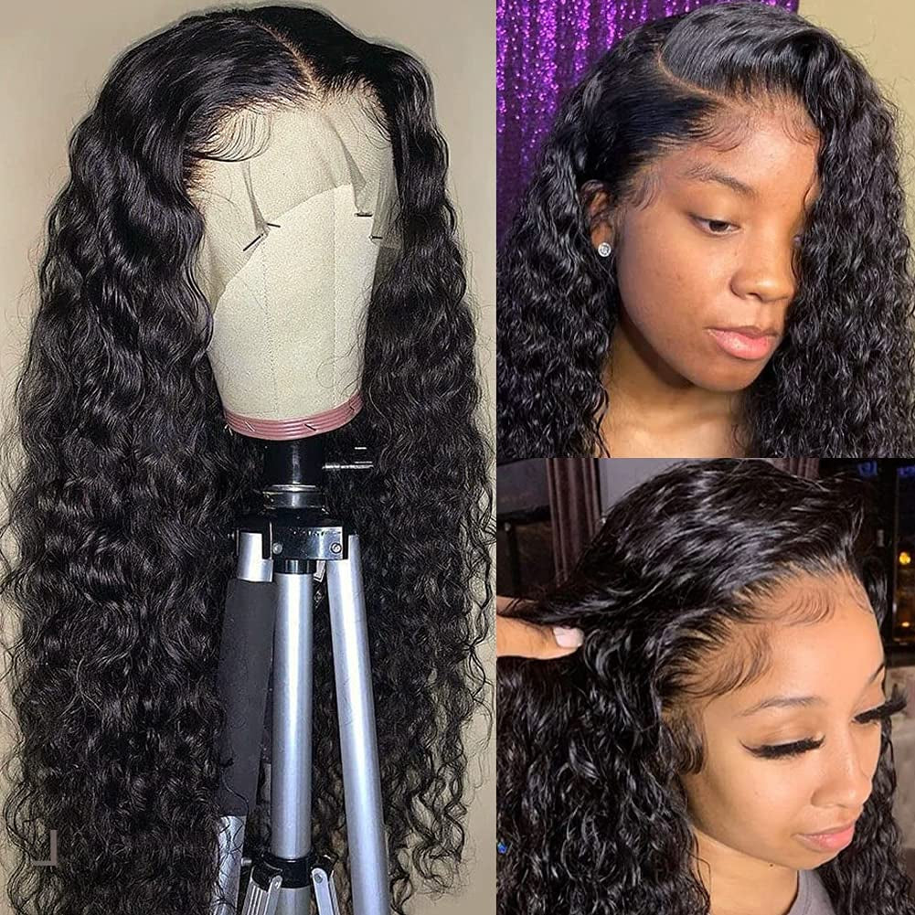 13X4 HD Transparent Lace Front Wigs Human Hair Pre Plucked Hairline with Baby Hair 180 Density Brazilian Water Wave Wigs for Black Women(20 Inch)