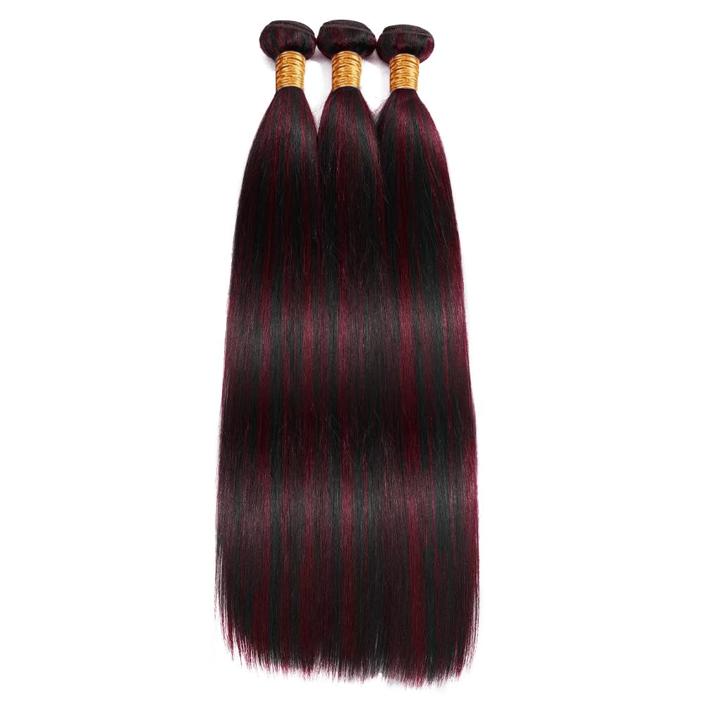 P1B99J Wine Red Ombre Straight Human Hair Bundles - 30 Inch Burgundy Two Tone Bundles