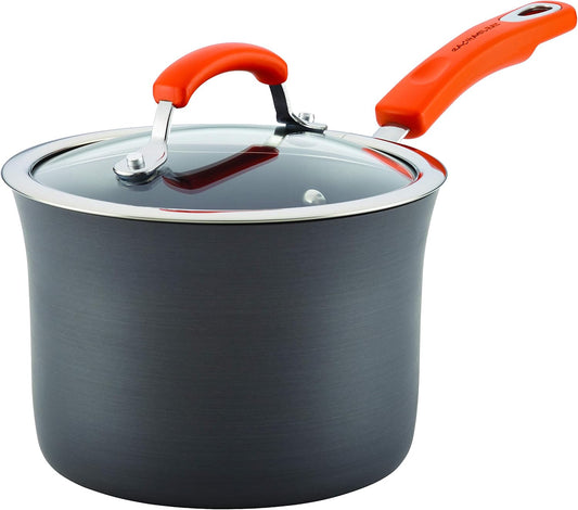 Brights Hard Anodized Nonstick Sauce Pan/Saucepan with Lid, 3 Quart, Gray with Orange Handles