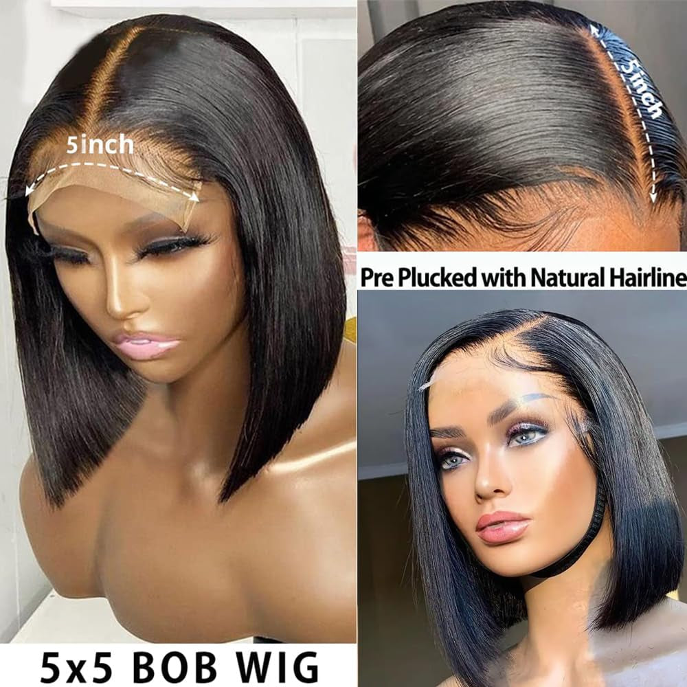 Hair 5X5 Lace Closure Bob Wig Human Hair Bone Straight 12 Inch Short Bob Wig Glueless Wigs Undetectable Transparent Lace Wig Pre Plucked for Women 150% Density Brazilian Wigs