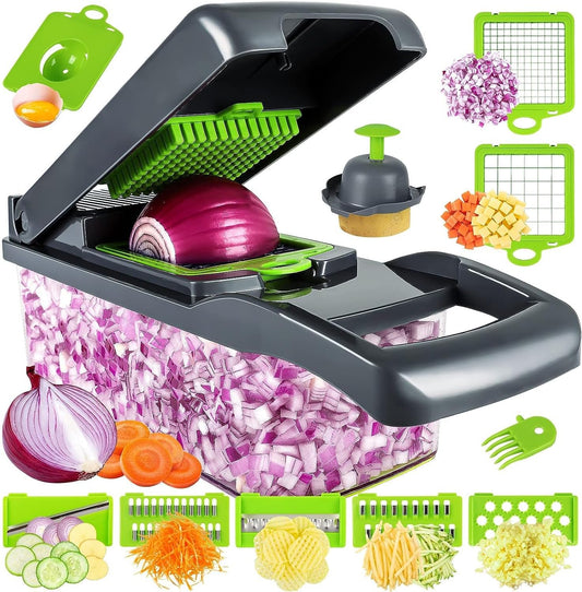 Vegetable/Pro Onion Chopper, Multifunctional 13 in 1 Food Chopper, Kitchen Vegetable Slicer Dicer Cutter with 8 Blades,Veggie, Carrot and Garlic Chopper with Container (Gray)