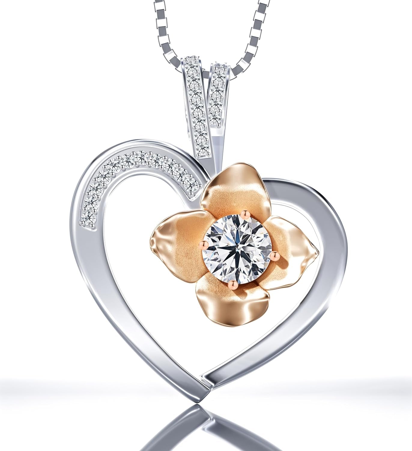 Kari Luxe Platinum Plated Flower in Heart Necklace with 1CT Moissanite Pendant Necklace Gift for Women