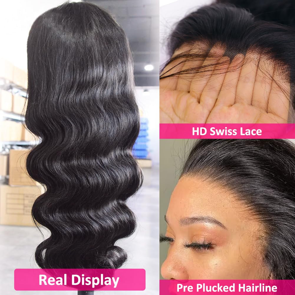 220 Density HD Lace Front Wigs Human Hair Pre Plucked 13X5 Transparent Body Wave Lace Frontal Wig with Baby Hair 12A Glueless Human Hair Wigs for Women Black Color 24 Inch