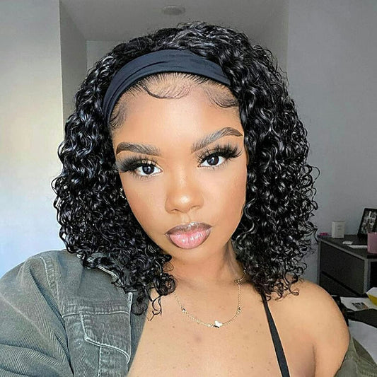 Headband Wig Deep Wave 12 Inch Human Hair Headband Wig Curly Hair Glueless Human Hair Wigs Machine Made No Lace Deep Curly Headband Wig Natural Color